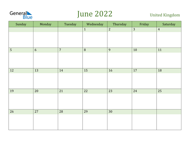 united kingdom june 2022 calendar with holidays