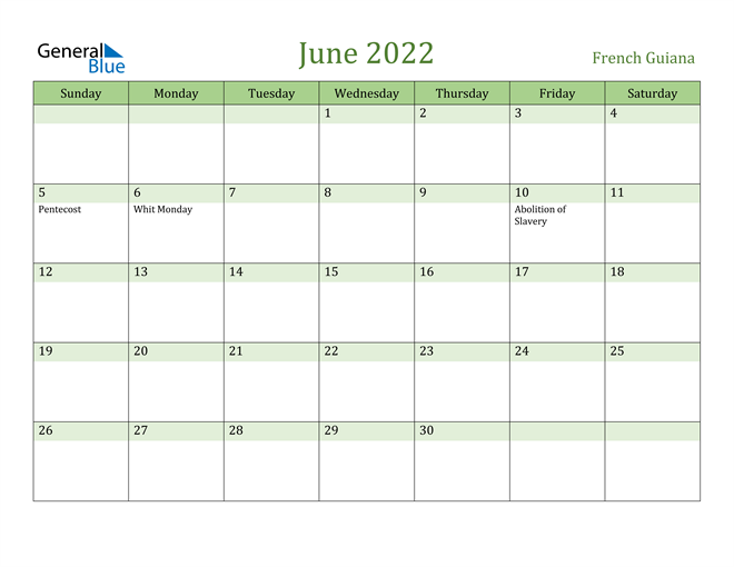 June 2022 Calendar with French Guiana Holidays