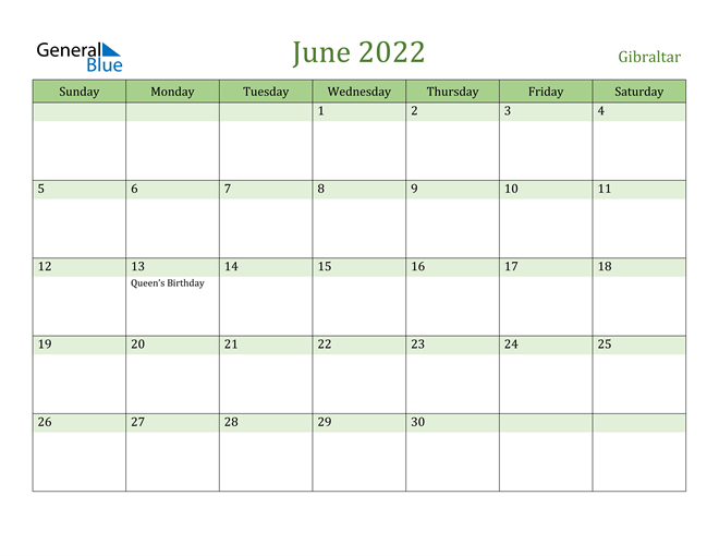 June 2022 Calendar with Gibraltar Holidays