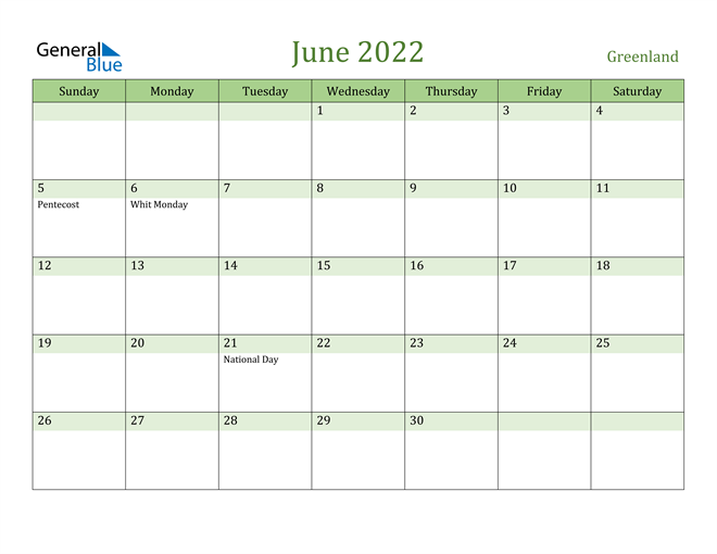 June 2022 Calendar with Greenland Holidays