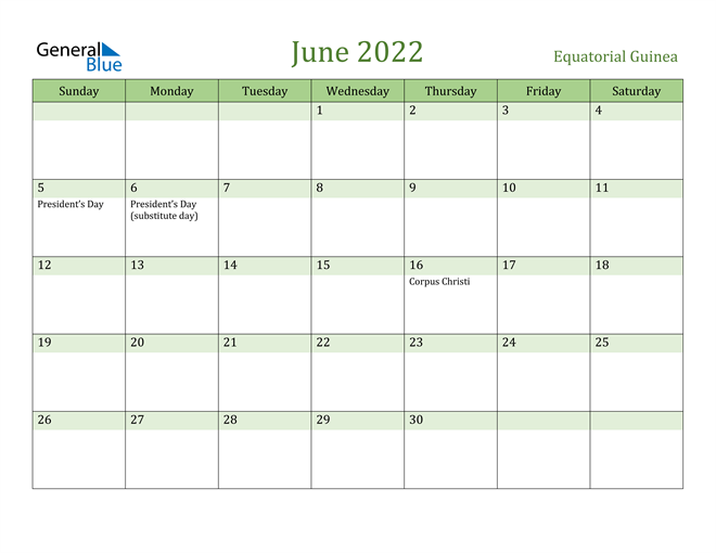 June 2022 Calendar with Equatorial Guinea Holidays