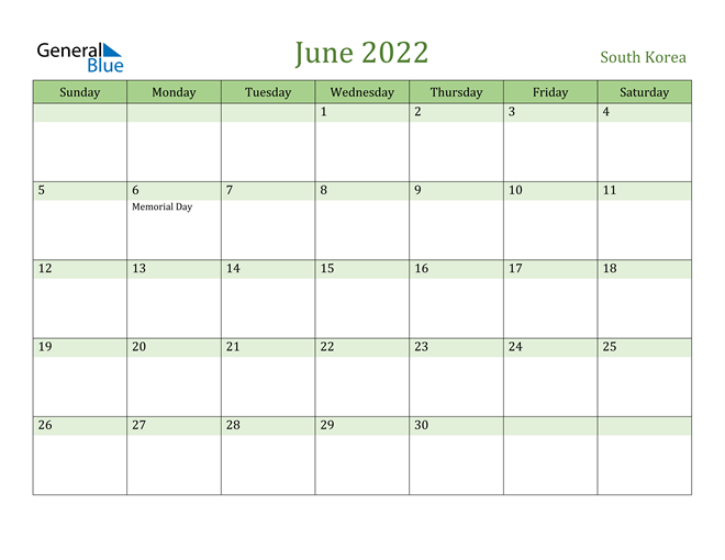 June 2022 Calendar with South Korea Holidays