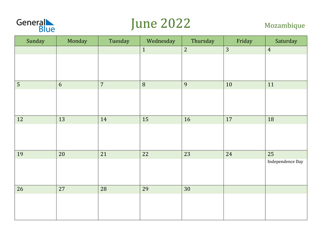 June 2022 Calendar with Mozambique Holidays