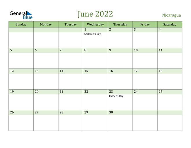 June 2022 Calendar with Nicaragua Holidays