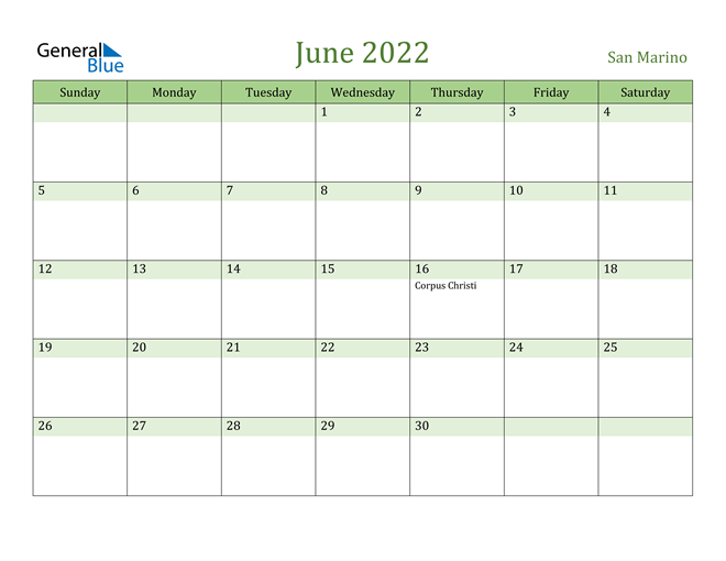 June 2022 Calendar with San Marino Holidays
