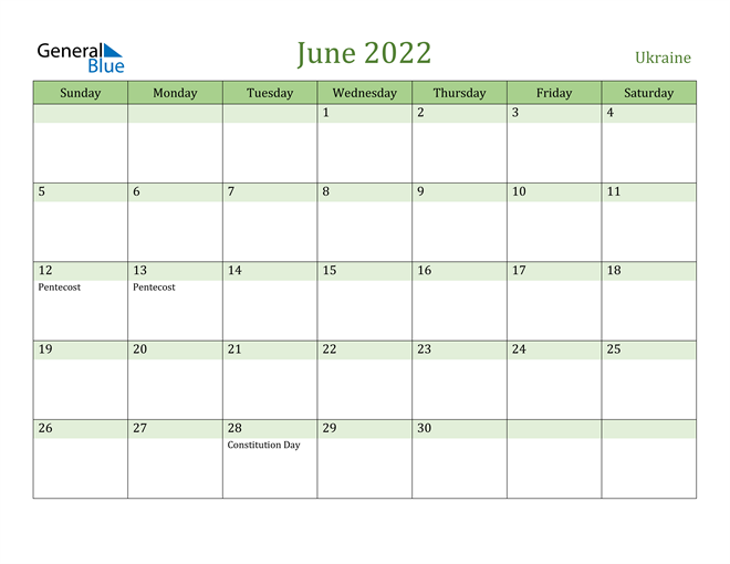 June 2022 Calendar with Ukraine Holidays