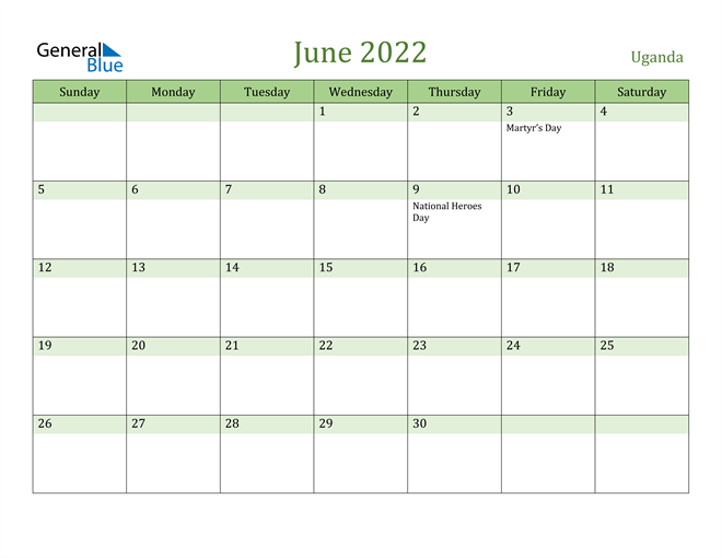 June 2022 Calendar with Uganda Holidays