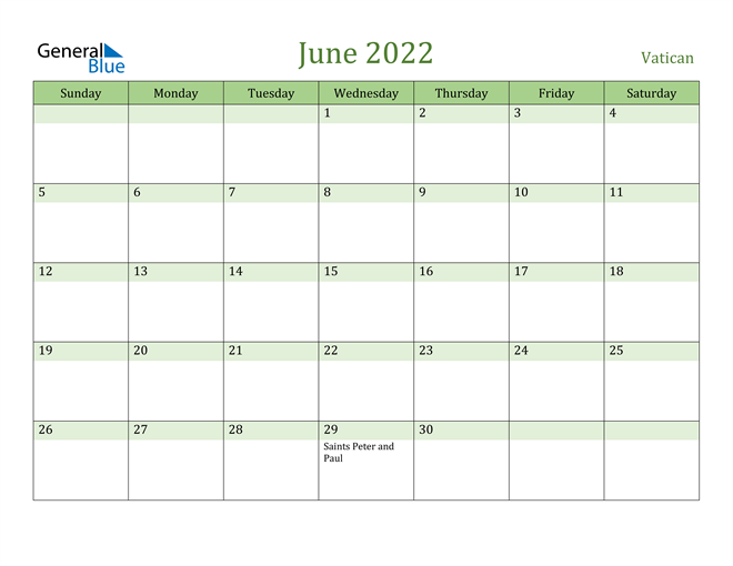 June 2022 Calendar with Vatican Holidays
