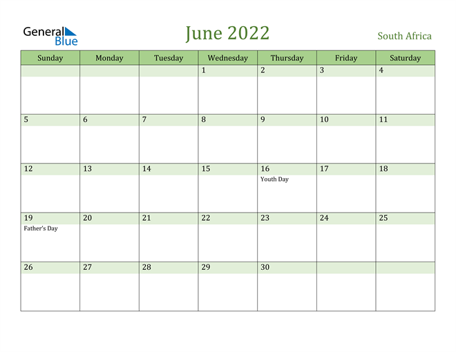 south africa june 2022 calendar with holidays