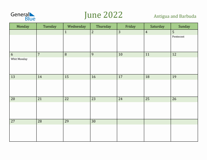 June 2022 Calendar with Antigua and Barbuda Holidays