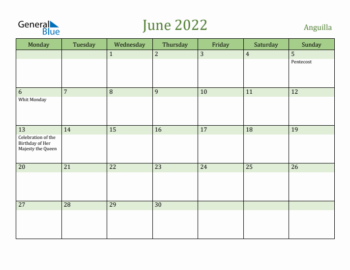 June 2022 Calendar with Anguilla Holidays