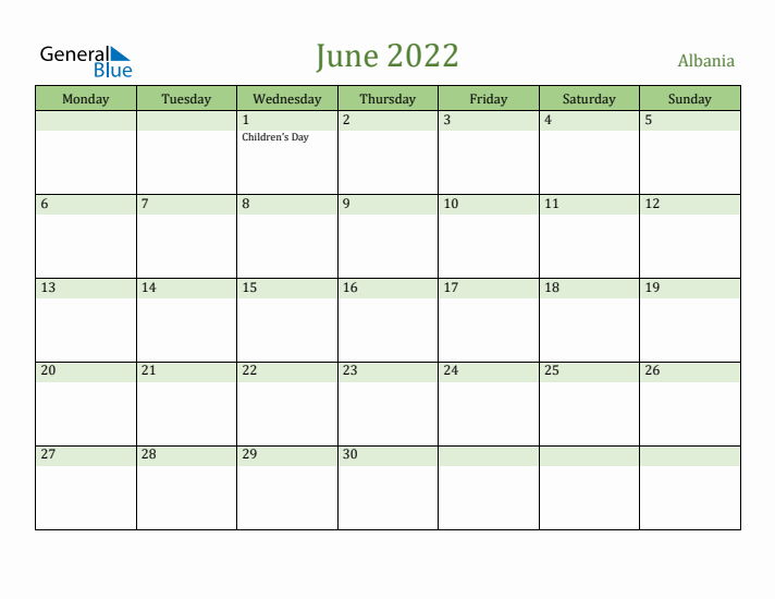 June 2022 Calendar with Albania Holidays