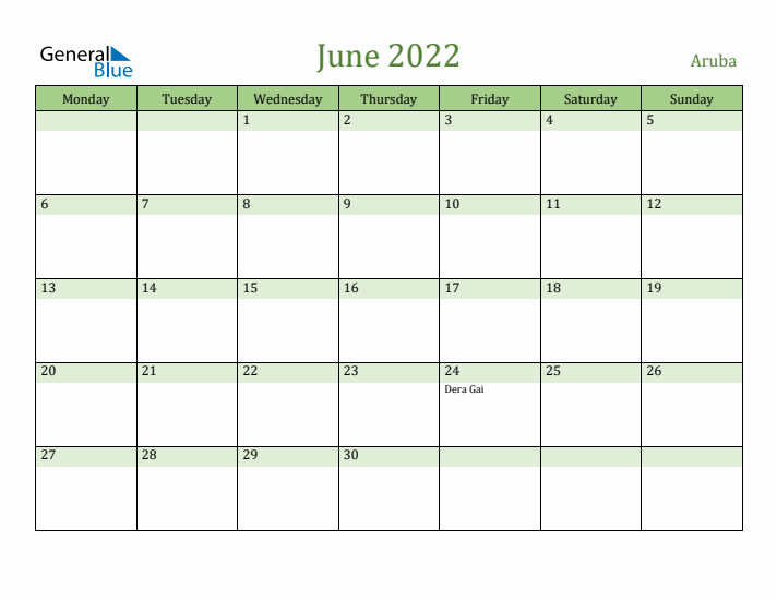 June 2022 Calendar with Aruba Holidays