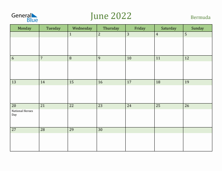 June 2022 Calendar with Bermuda Holidays