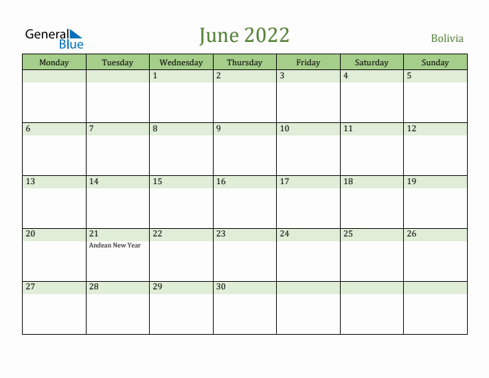 June 2022 Calendar with Bolivia Holidays