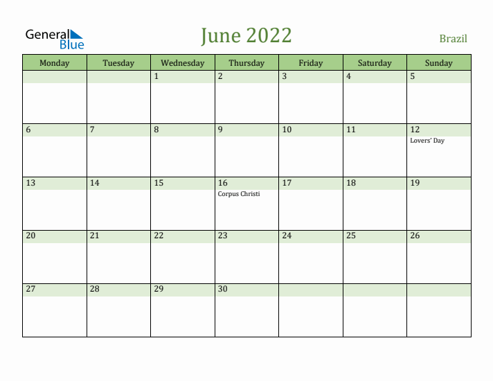 June 2022 Calendar with Brazil Holidays