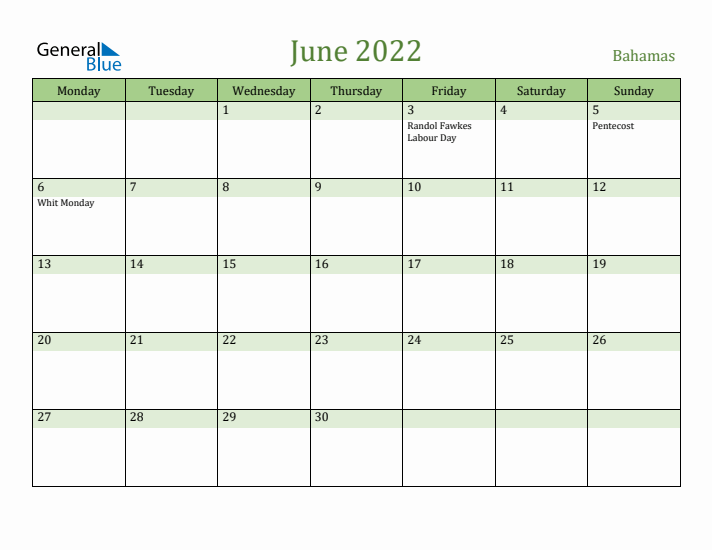 June 2022 Calendar with Bahamas Holidays