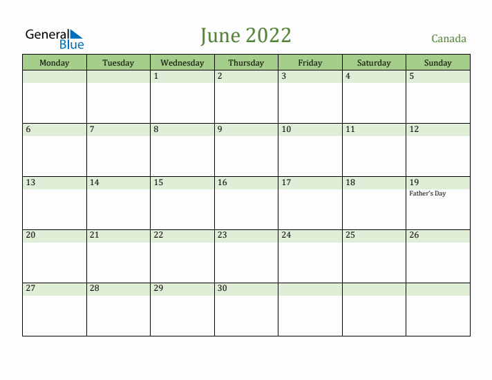June 2022 Calendar with Canada Holidays