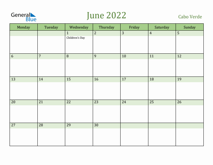 June 2022 Calendar with Cabo Verde Holidays