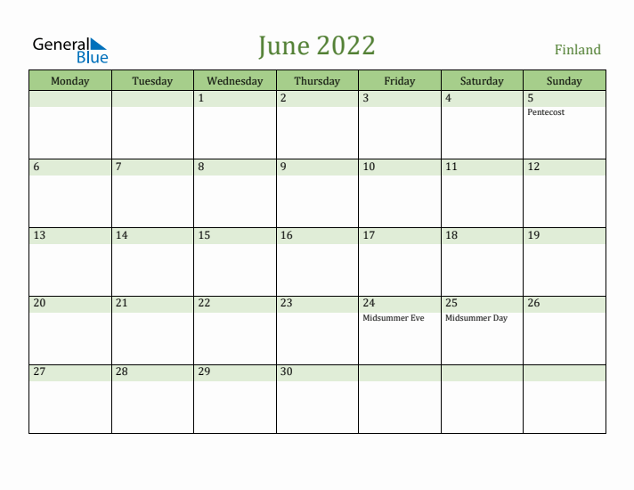 June 2022 Calendar with Finland Holidays