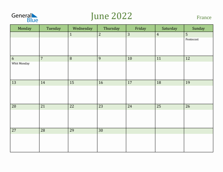 June 2022 Calendar with France Holidays