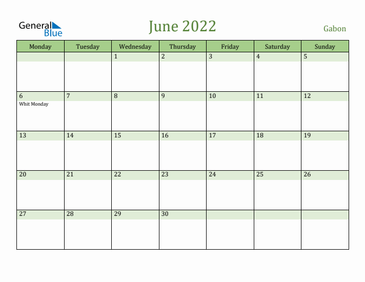 June 2022 Calendar with Gabon Holidays
