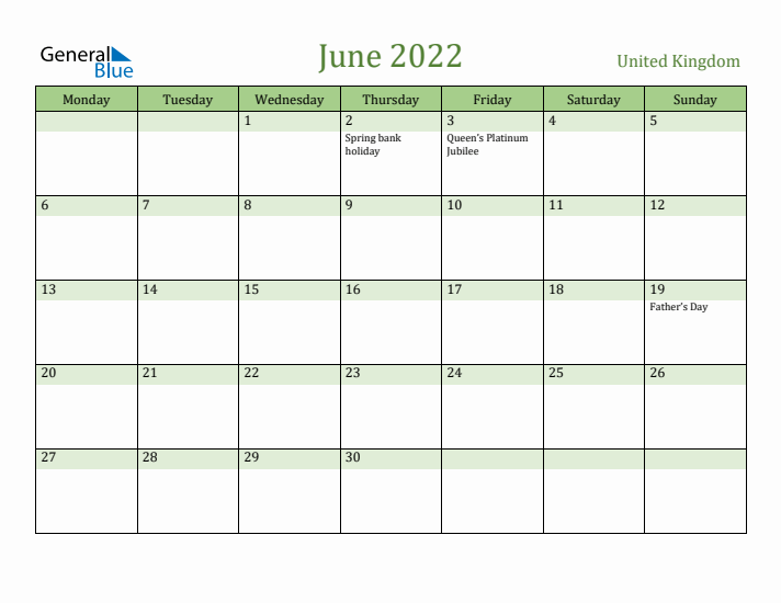 June 2022 Calendar with United Kingdom Holidays
