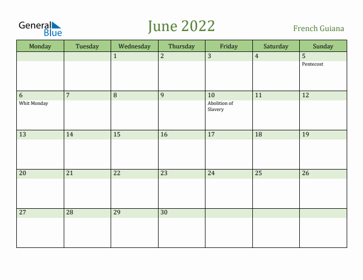 June 2022 Calendar with French Guiana Holidays