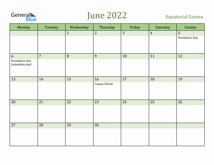 June 2022 Calendar with Equatorial Guinea Holidays