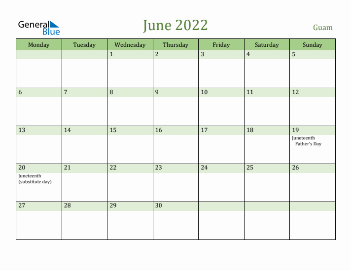 June 2022 Calendar with Guam Holidays