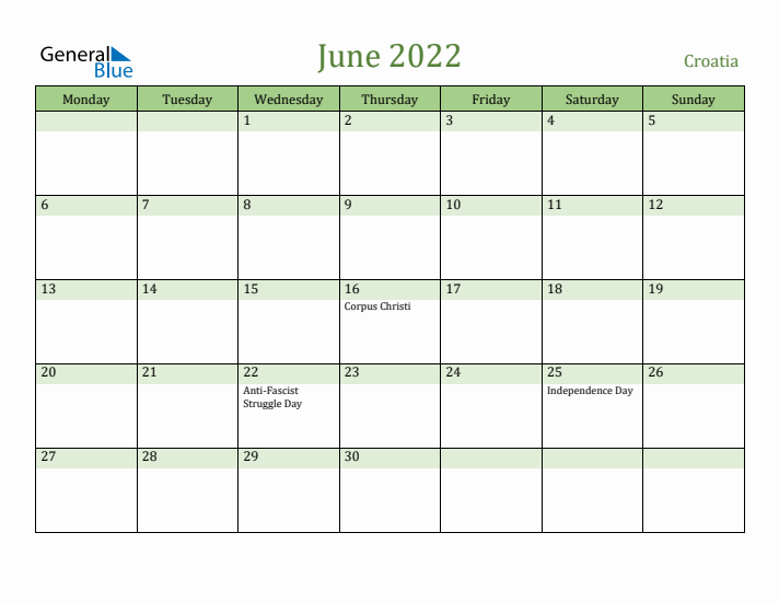 June 2022 Calendar with Croatia Holidays