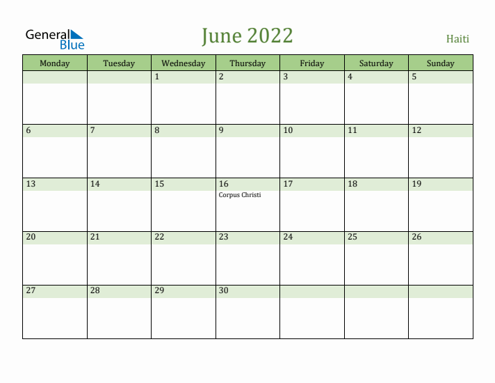 June 2022 Calendar with Haiti Holidays