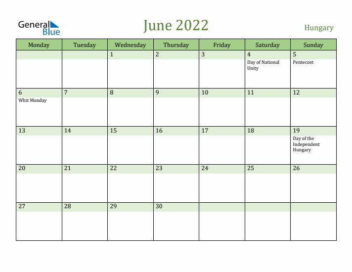June 2022 Calendar with Hungary Holidays