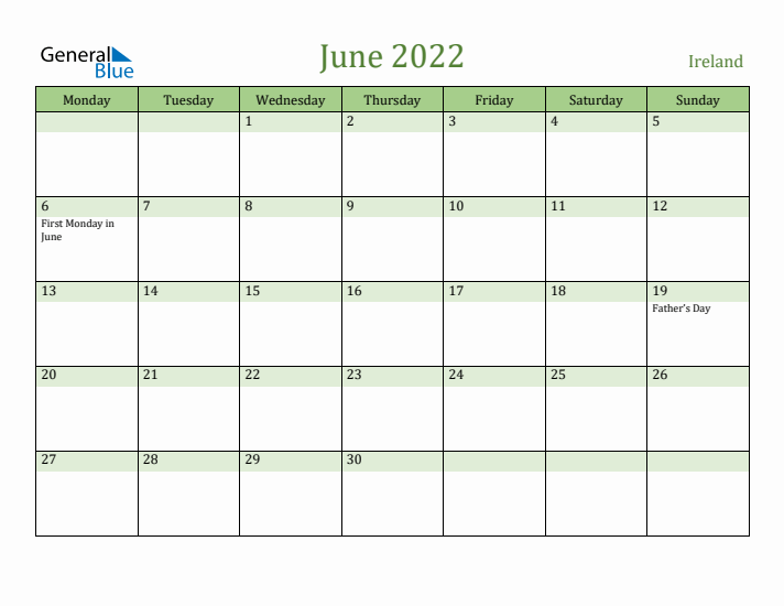 June 2022 Calendar with Ireland Holidays