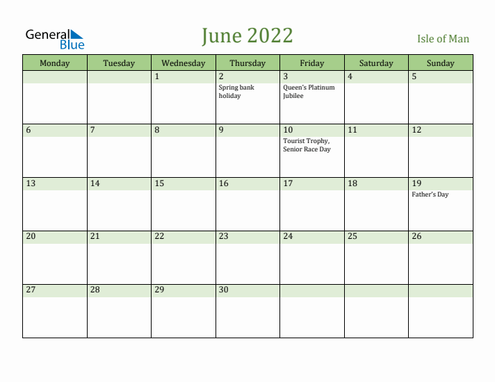 June 2022 Calendar with Isle of Man Holidays