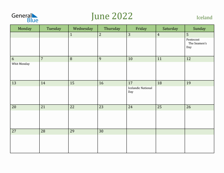 June 2022 Calendar with Iceland Holidays