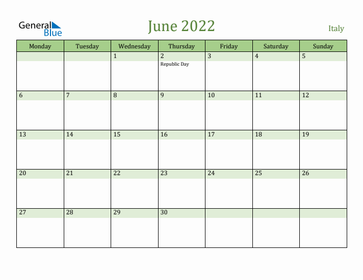 June 2022 Calendar with Italy Holidays
