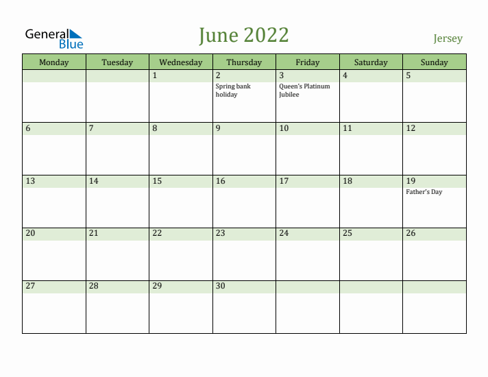 June 2022 Calendar with Jersey Holidays