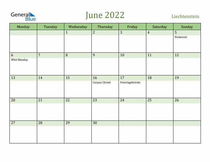 June 2022 Calendar with Liechtenstein Holidays