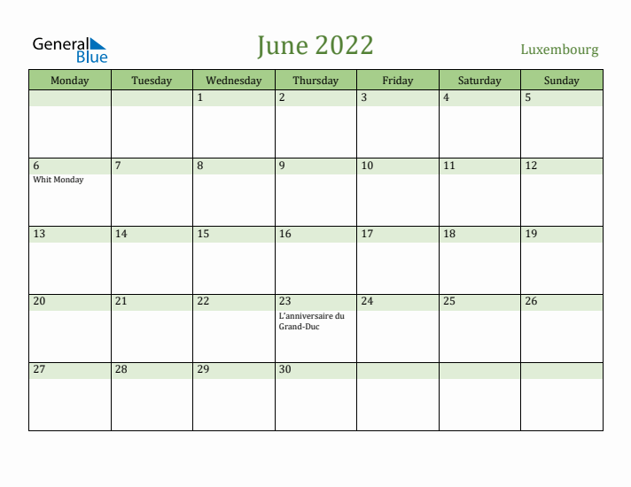 June 2022 Calendar with Luxembourg Holidays