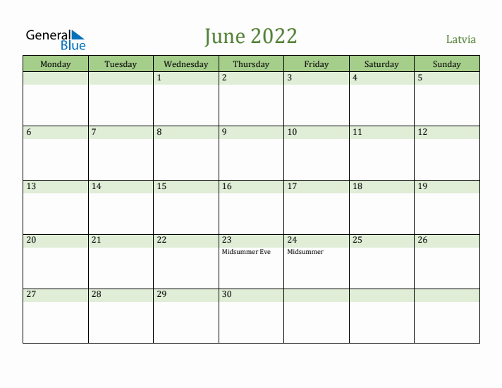 June 2022 Calendar with Latvia Holidays