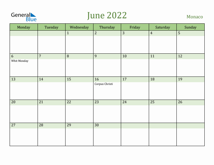 June 2022 Calendar with Monaco Holidays