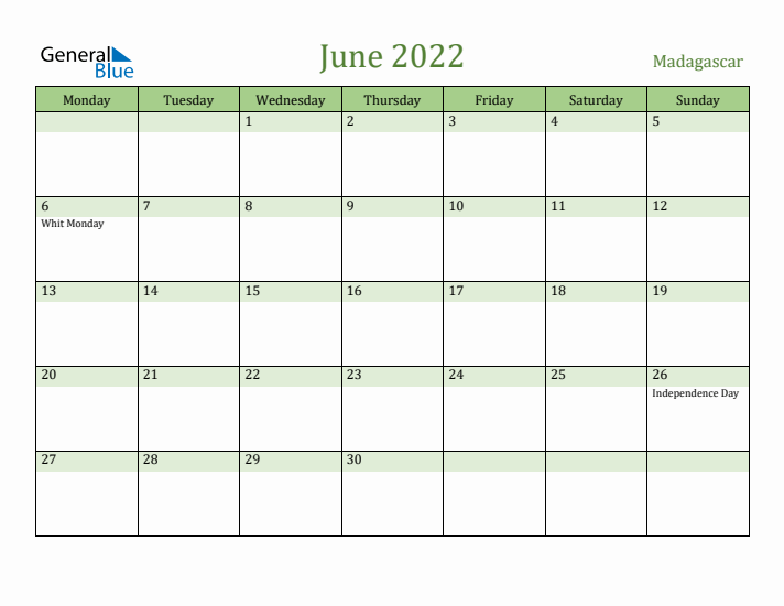 June 2022 Calendar with Madagascar Holidays
