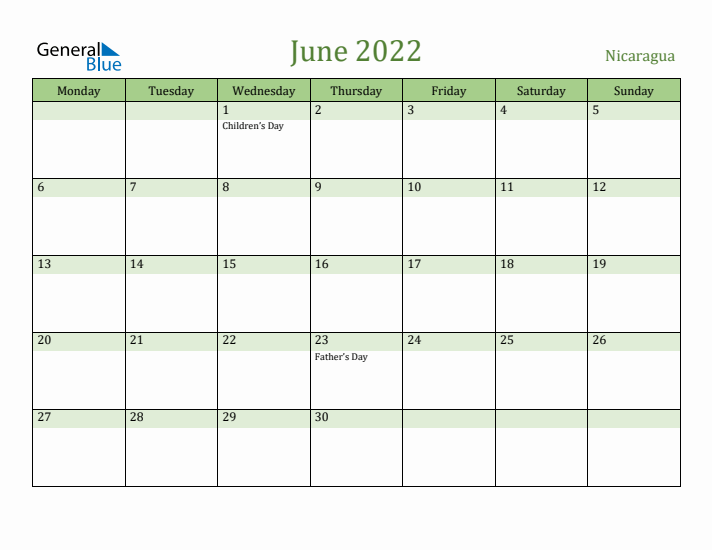 June 2022 Calendar with Nicaragua Holidays