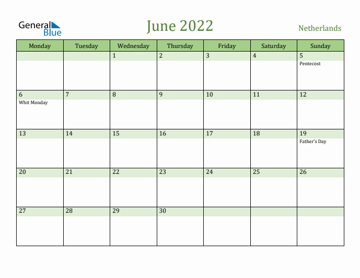 June 2022 Calendar with The Netherlands Holidays