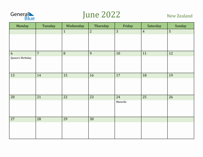 June 2022 Calendar with New Zealand Holidays