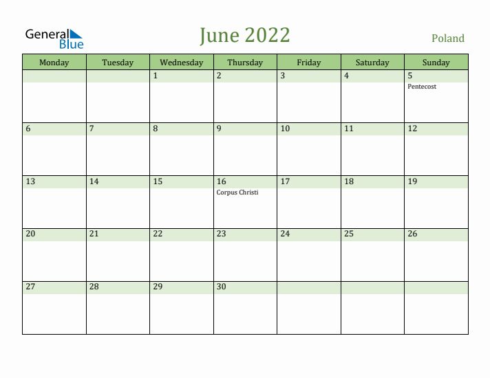 June 2022 Calendar with Poland Holidays