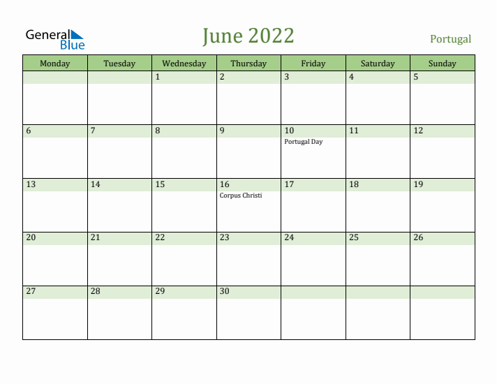 June 2022 Calendar with Portugal Holidays