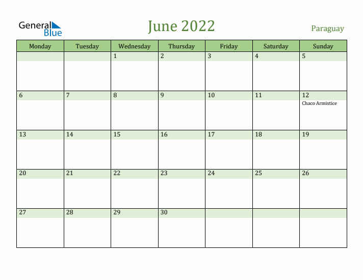 June 2022 Calendar with Paraguay Holidays