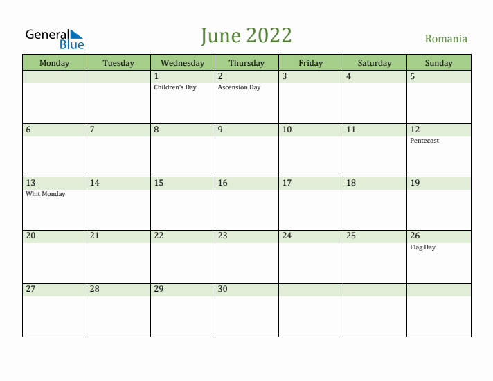 June 2022 Calendar with Romania Holidays